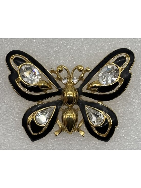 Trifari Jewelry - Vintage Trifari Butterfly Brooch Gold Tone Black Enamel Clear Rhinestones Signed